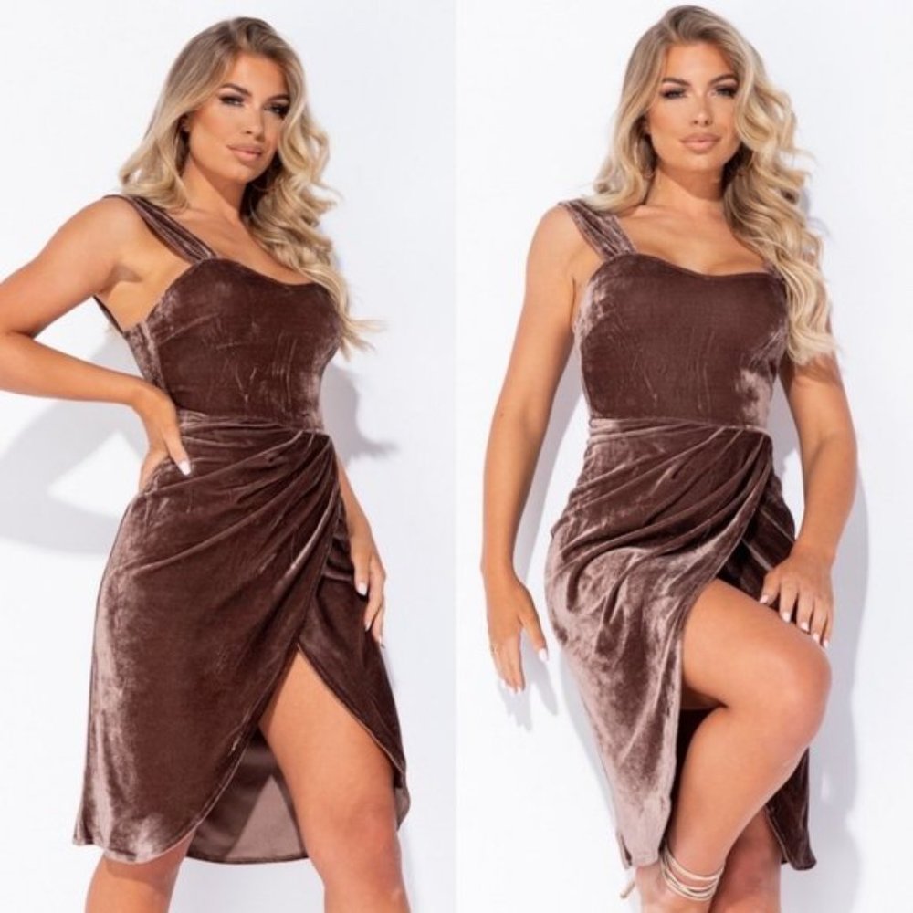 Brown Velvet Sleeveless Asymmetric Wrap Midi Dress